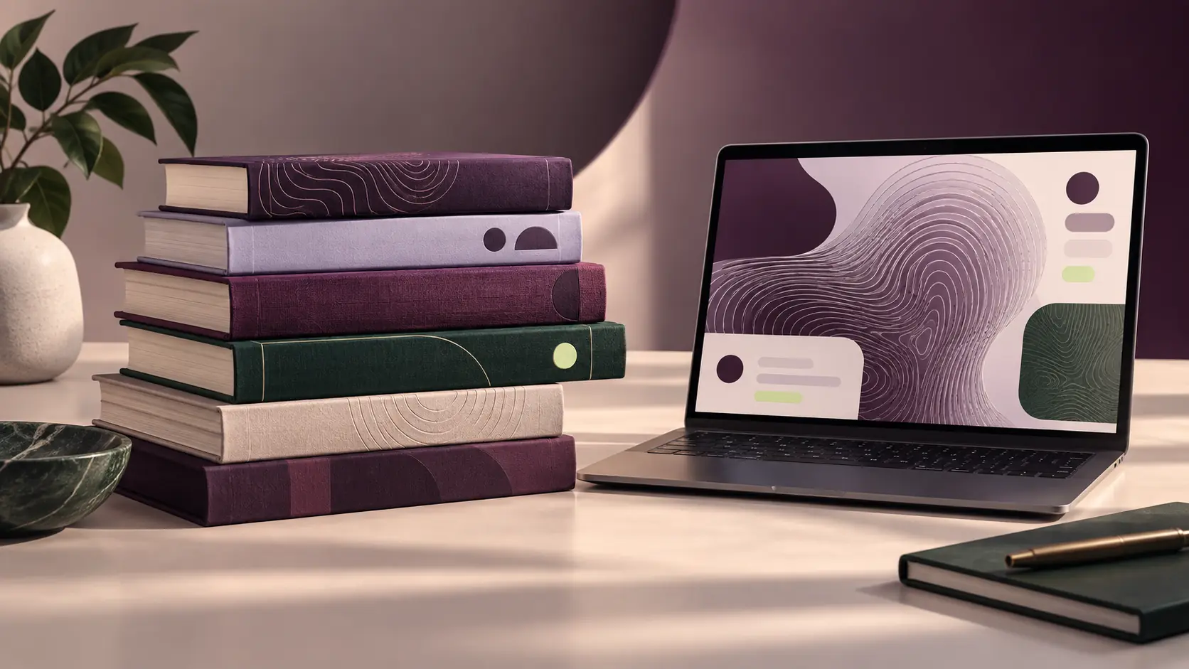 A stack of books beside a laptop displaying Rosemary Digitals-inspired linework