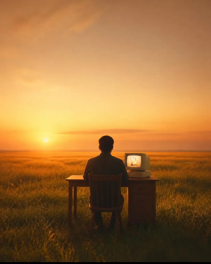 A person facing a vintage computer in a sunlit landscape