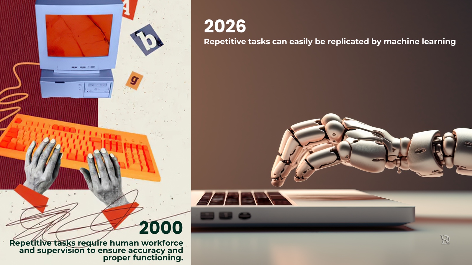 A split image: office work in 2000, when repetitive tasks needed people, and a robotic hand on a laptop in 2026.